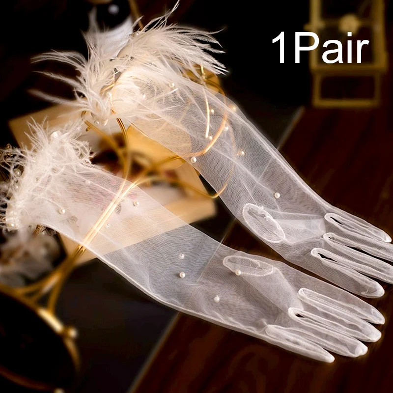 White Lace Pearl Fishnet Gloves Exquisite Butterfly Flower Ruffle Edge Mitten Bride Wedding Party Ceremony Clothes Accessories