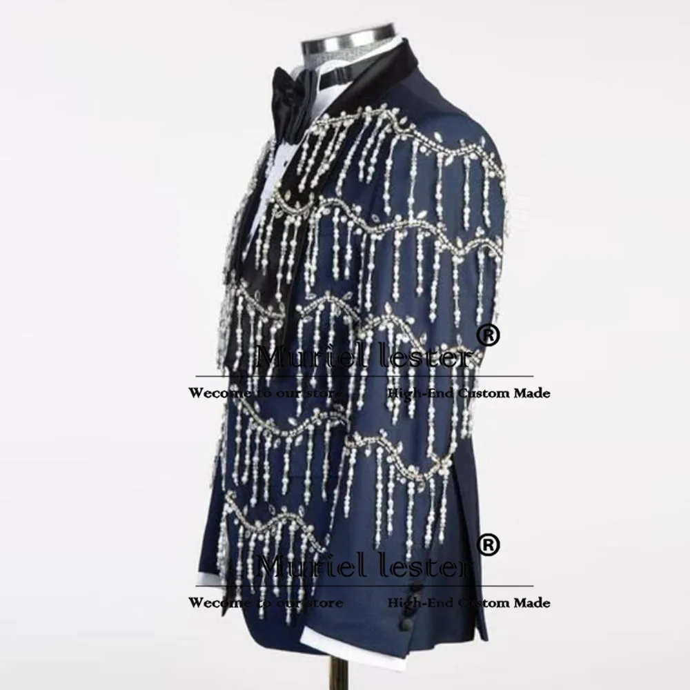 Luxury Suit Men 2-Piece Pearls Stones Tassels Designer Formal Man Business Party Outfit Customized Groom Wedding Tuxedos Attire