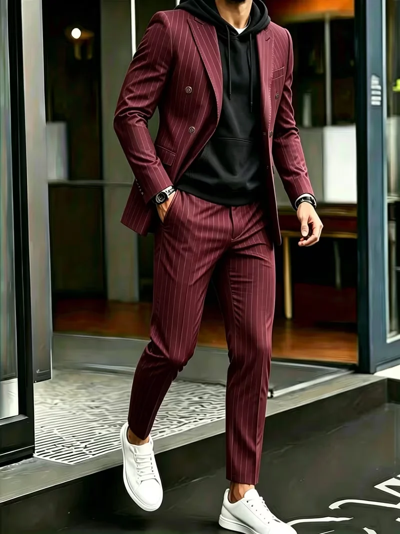 

Luxury Vertical Striped Suit Set for Men Exquisite Cutting Blazer + Trousers Smart Casual Streetwear All-match Elegant Apparel