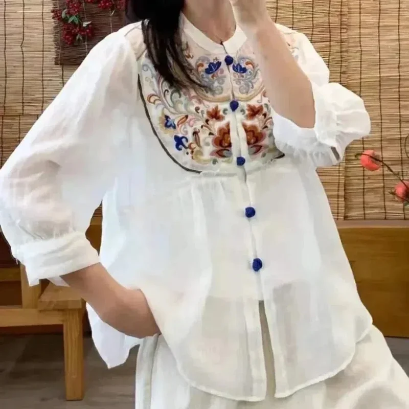 Cardigã com gola redonda estilo chinês para mulheres, camisa bordada de cânhamo de algodão, botão três quartos, vintage, elegante, primavera, verão, B267