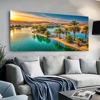 1pc 69.98x139.98cm Frameless Modern Golden Tree of Life Canvas Wall Art - Vibrant Sunset Palm Tree & Lake Landscape Painting,
