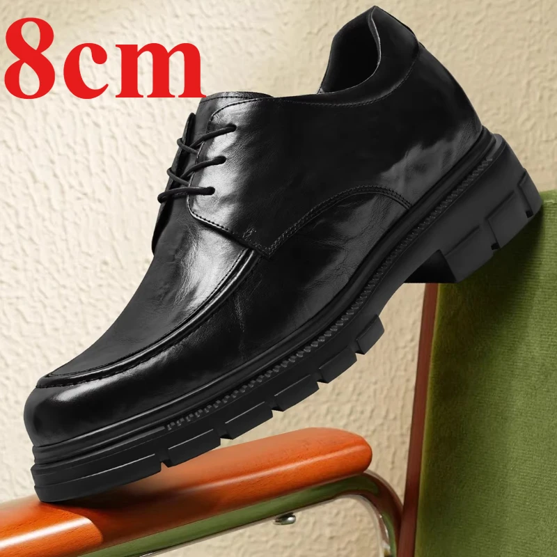 Genuine Leather Brown Derby Shoes for Men's 8cm Elevator Breathable Hand-sewn Height Increasing Shoes Groom Wedding Dress Shoes