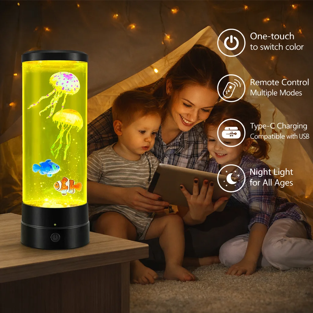 Colorful color changing jellyfish fish LED night light, home decoration remote control desk lamp