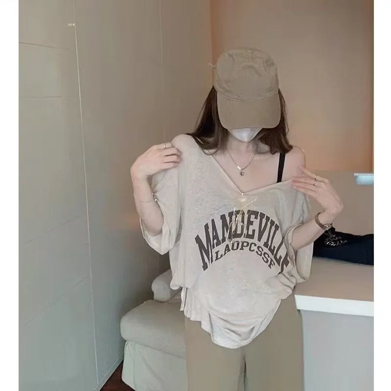 Plus Size Dames T-shirt Dun Losse Korte Mouw Grote V-hals Zomerdesign Casual Veelzijdige Top voor en bijpassende broeken