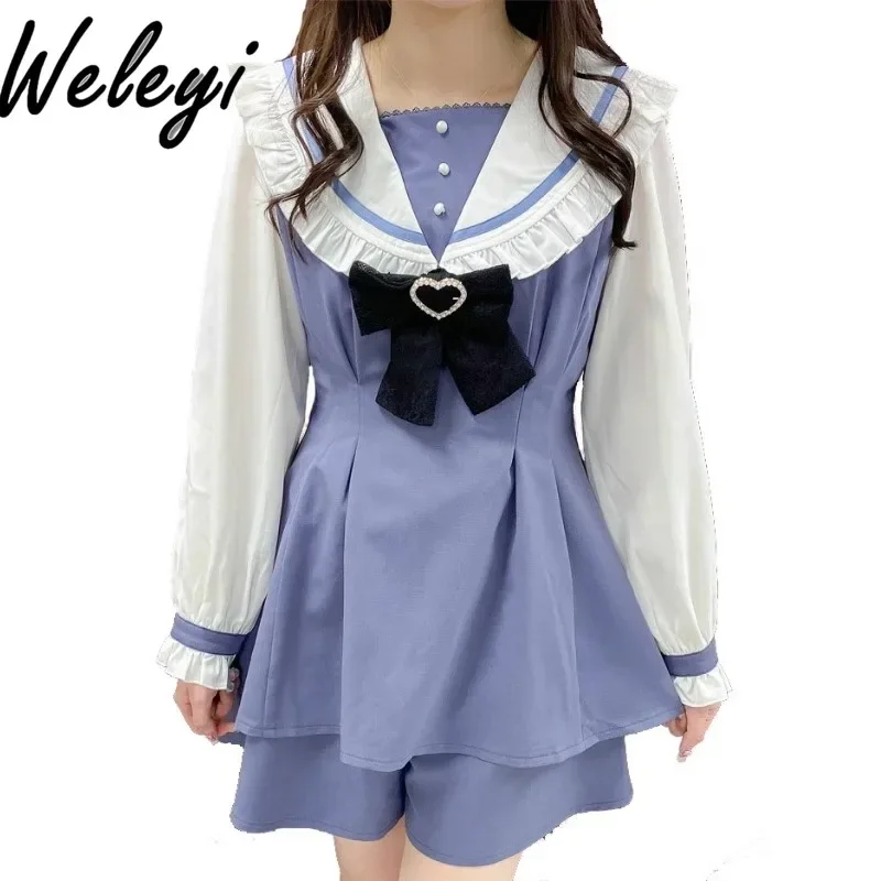 Kawaii Rojita Women's Shorts Suit Japanese Autumn New Show Two Dimensional Cute Corset Sailor Collar Shirt Coat Two Piece Pants