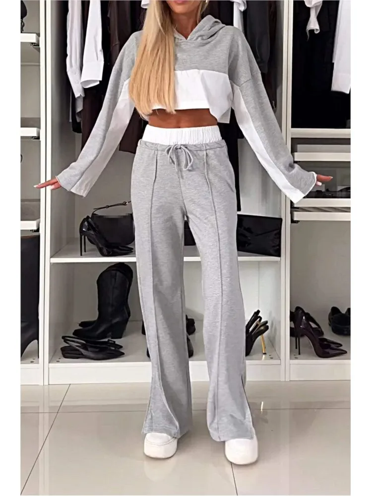 Stylish Contrasting Color Suit Autumn Elegant Short Long Sleeved Hooded Top Elastic Waist Lace Up  Leg Trousers Two Piece Sets