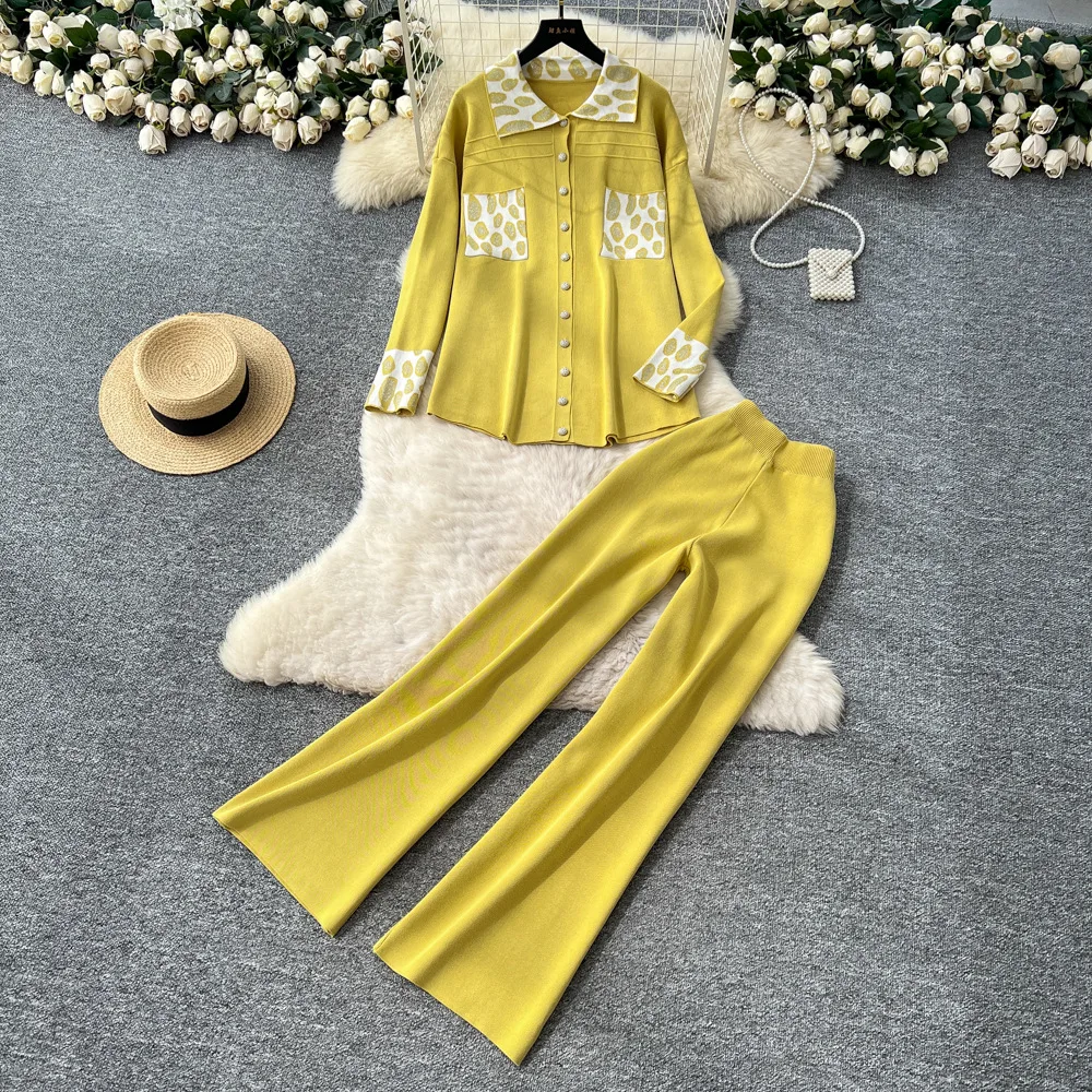 

Pant Set Women Two Piece Sets Turn Down Collar Full Sleeve Shirt Tops Knit Wide Leg Long Pants High Waist Y2k Streetwear Autumn