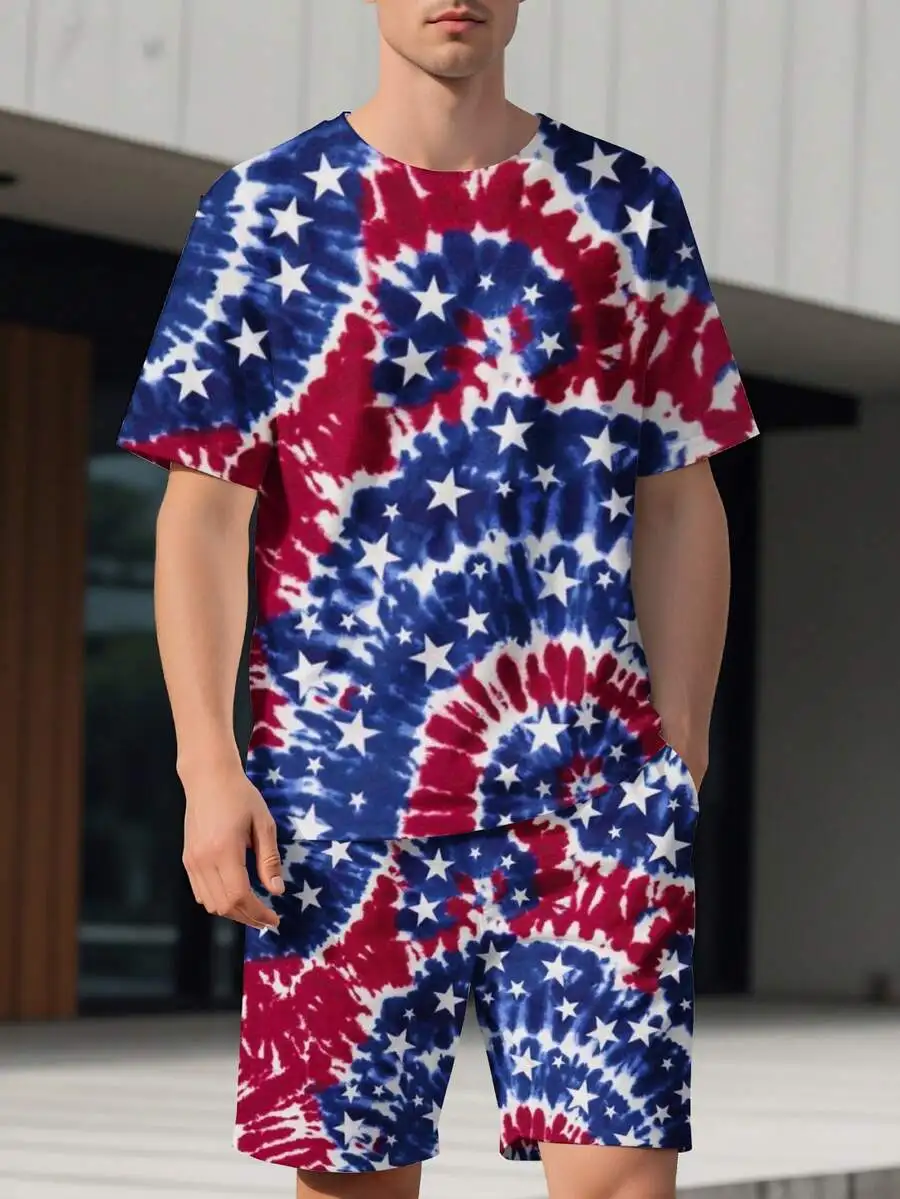 

Patriotic Tie Dye Mens Short Sleeve T-Shirt And Shorts Set Stars And Stripes Summer Casual Outfit