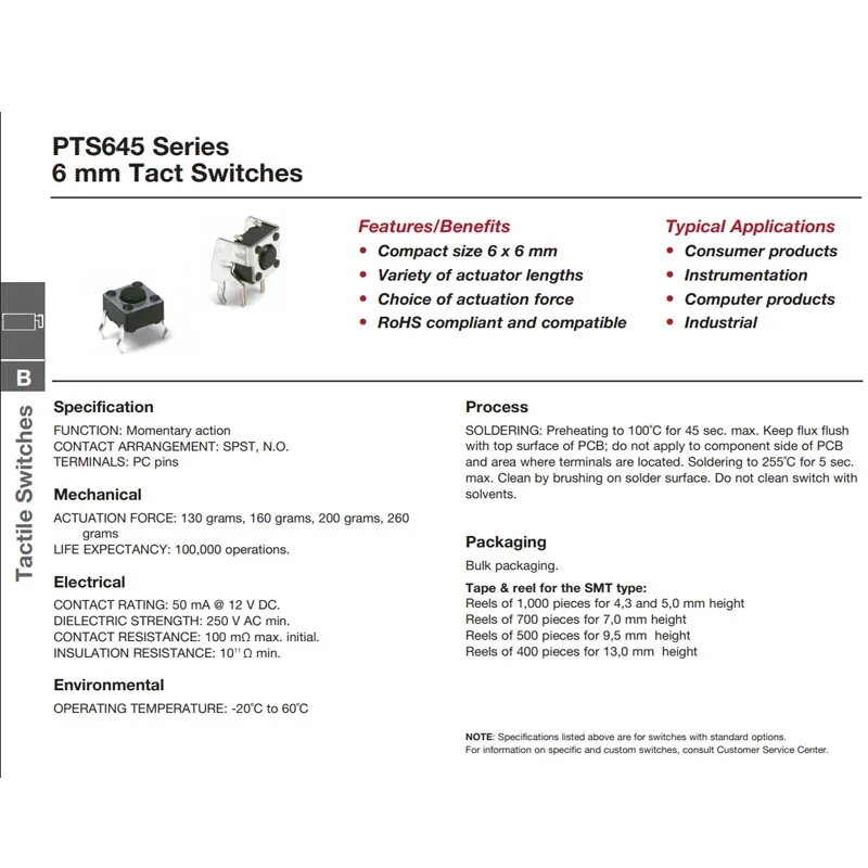 10 pz/lotto American PTS645SK50-2LFS light touch switch 6*6*5 pulsante rosso a 4 pin in linea