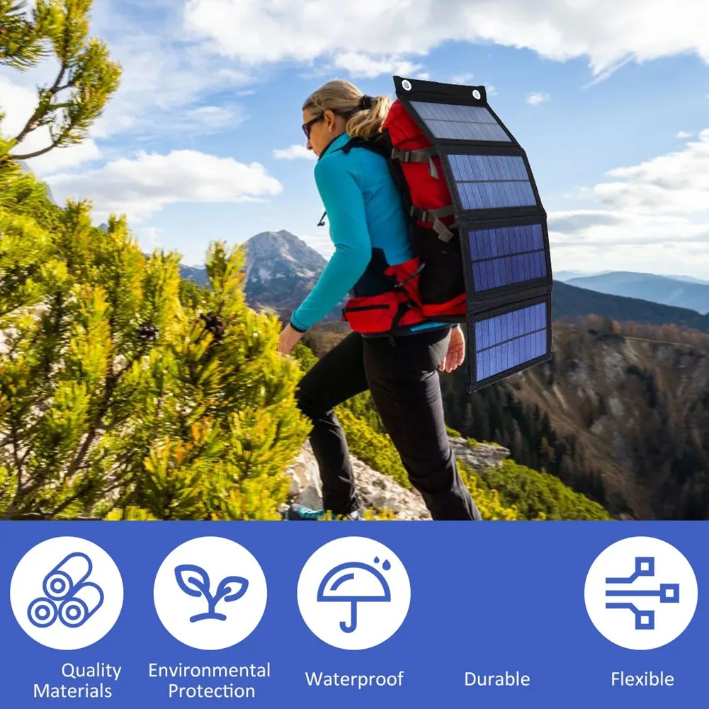 Carregador de painel solar dobrável, bateria portátil para celular, banco de potência à prova d'água ao ar livre para acessórios de acampamento