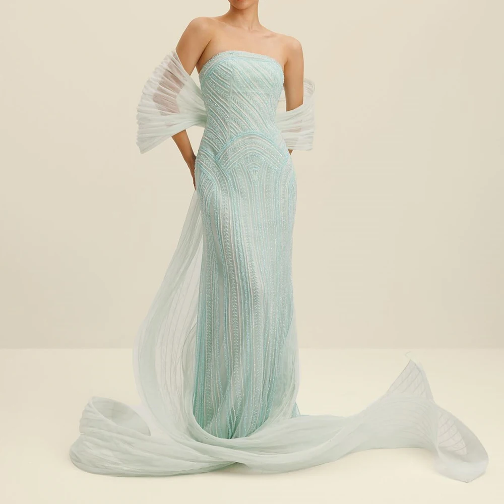 Sheath Strapless Organza Sleeveless shawl Elegant and Temperament Light Blue Evening Gowns Watteau Train Beading Crystal Pleats