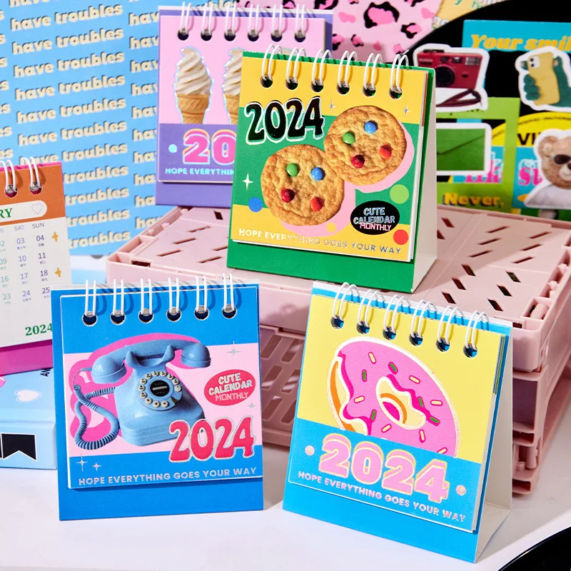 4Pcs/set 2024 Korean Mini Calendar Student Schedule Plan Yearly Agenda Organizer for Office Desktop Decoration Randomly