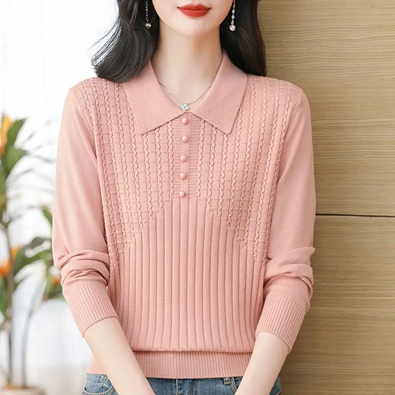 Autumn Winter Paisley Peter Pan Collar Solid Color Pullover Long Sleeve Sweater Knitted Screw Thread Elegant Women's Casual Tops