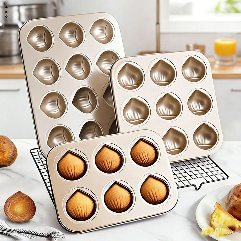 Chestnut Shaped Muffin Cake Pan Carbon Steel Muffin Pan with 6/9/12 Cavities Non-Stick Cake Chocolate Bread Kitchen Mold Shell
