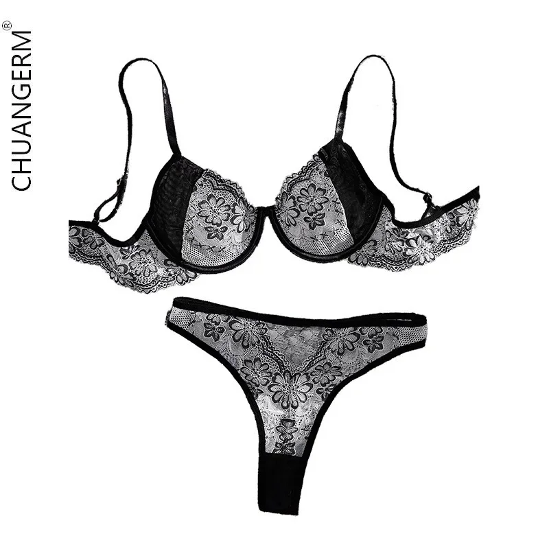 

CHUANGERM Floral Female Underwear Women Sexy Lingerie Embroidery Contrast Color Underwear Women's Panties Two Piece Set Bras Bra