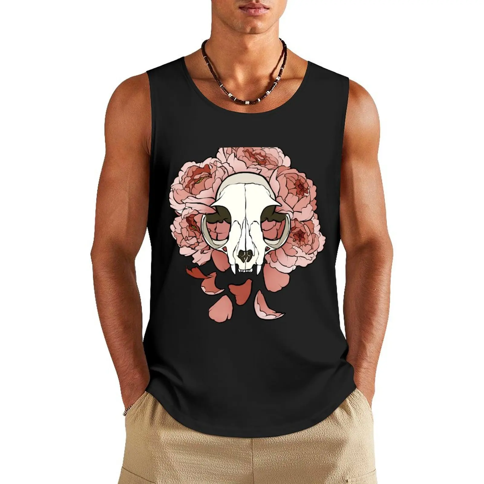 Cat and peonies- pink Tank Top T-shirts men sleeveless gym shirt man fitness vest for men Fitness men clothing