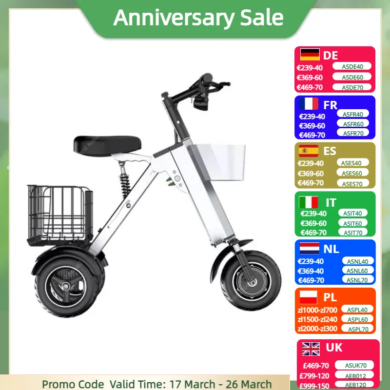 

10 Inch 450W Foldable Electric Cargo Scooter Tricycle 36V Folding Adult Electric Scooter Lithium Battery Removable With 2 Baske