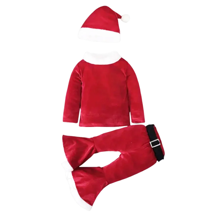 Christmas Girls Santa Clause New Year Bell Bottom Set Costume Festival Kids Clothing 3 PCS Set With Hat Fancy Xmas Party Outfit