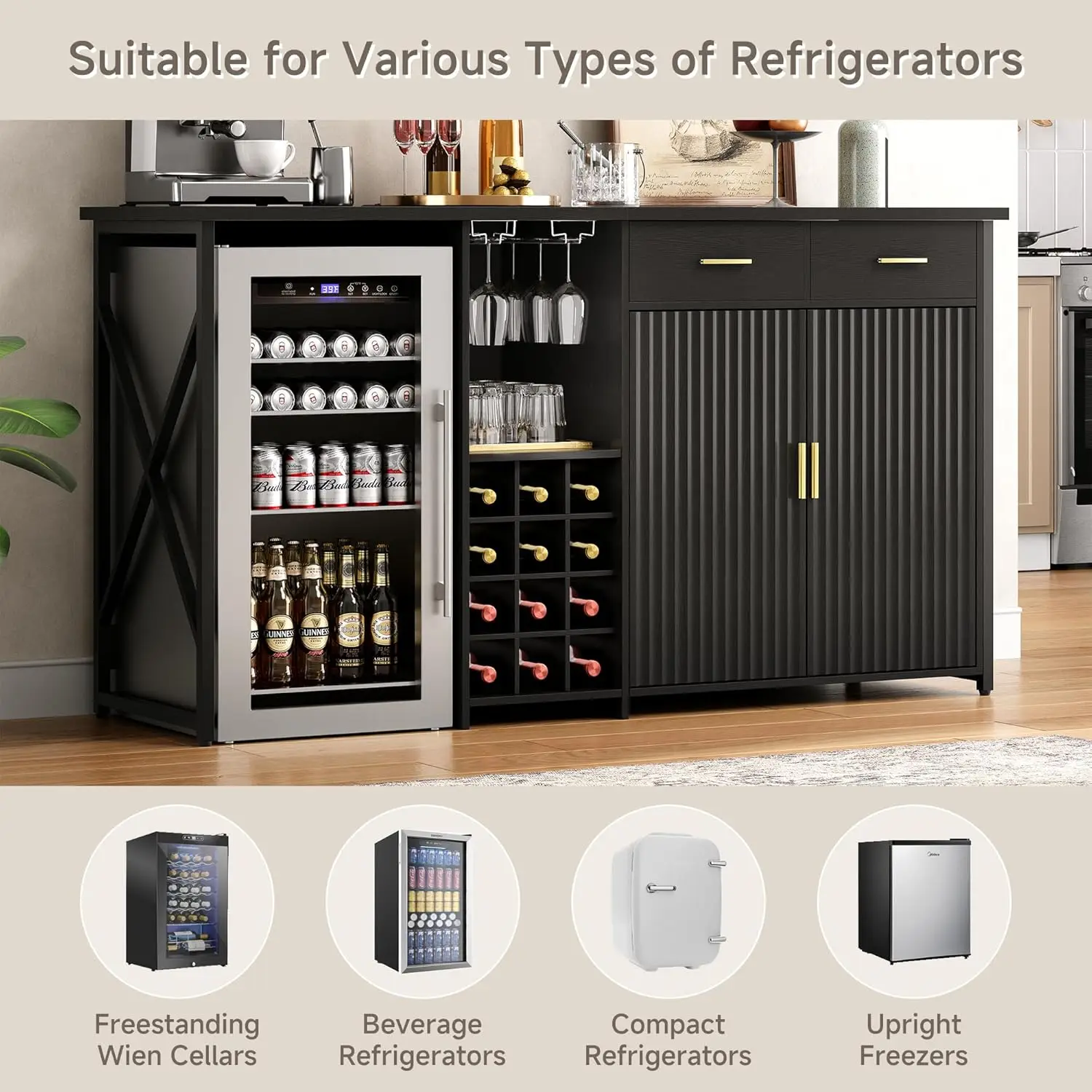 Lemari Kulkas Mini dengan Penyimpanan, Bar Kopi dengan Ruang Kulkas, Rak Anggur & Laci, Rak Hitam Multifungsi
