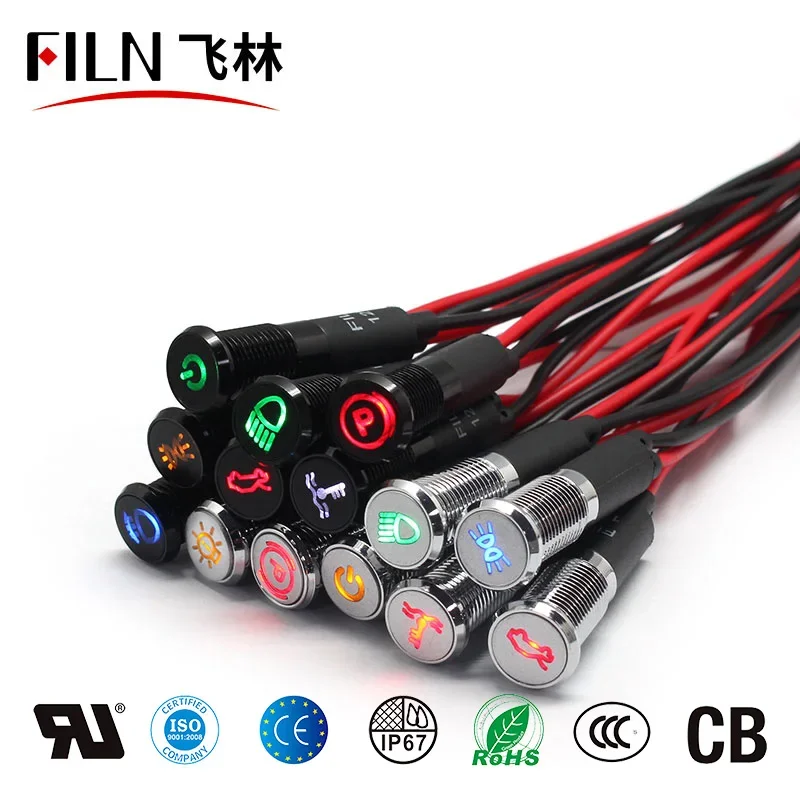 8/10/12/14/16mm symbol LED Indicator Light 12V 24V Black Metal Indicator Dash Pilot Light with Wire Car Dashboard ruck Machinery