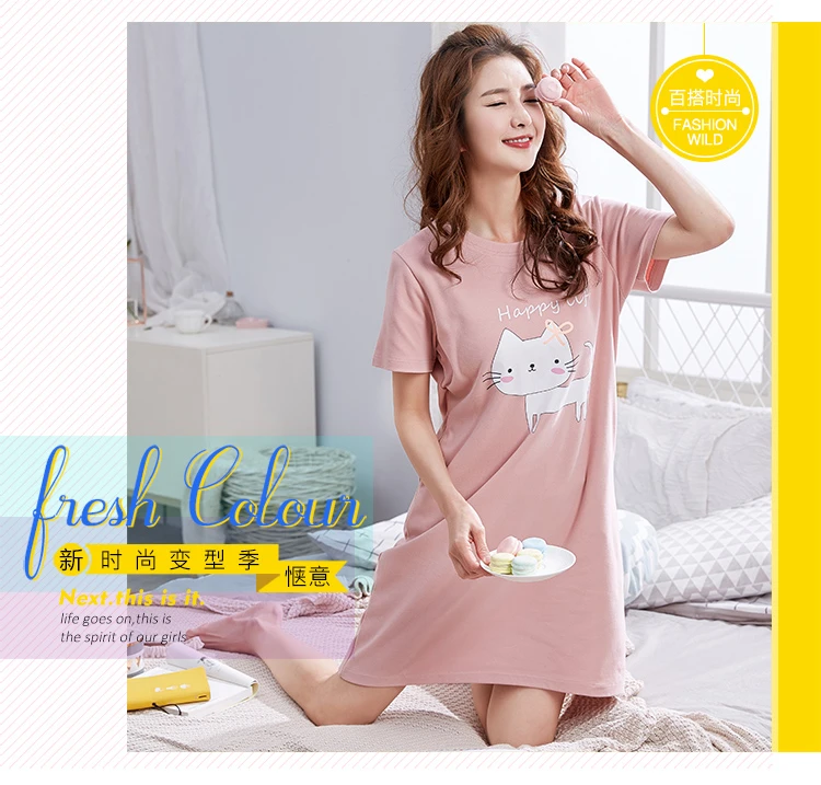 2024 Summer Short Sleeve Cotton Nightgowns for Women Korean Cute Cartoon Cat Sleepwear Night Dress Nightdress Home Nighty Ladies