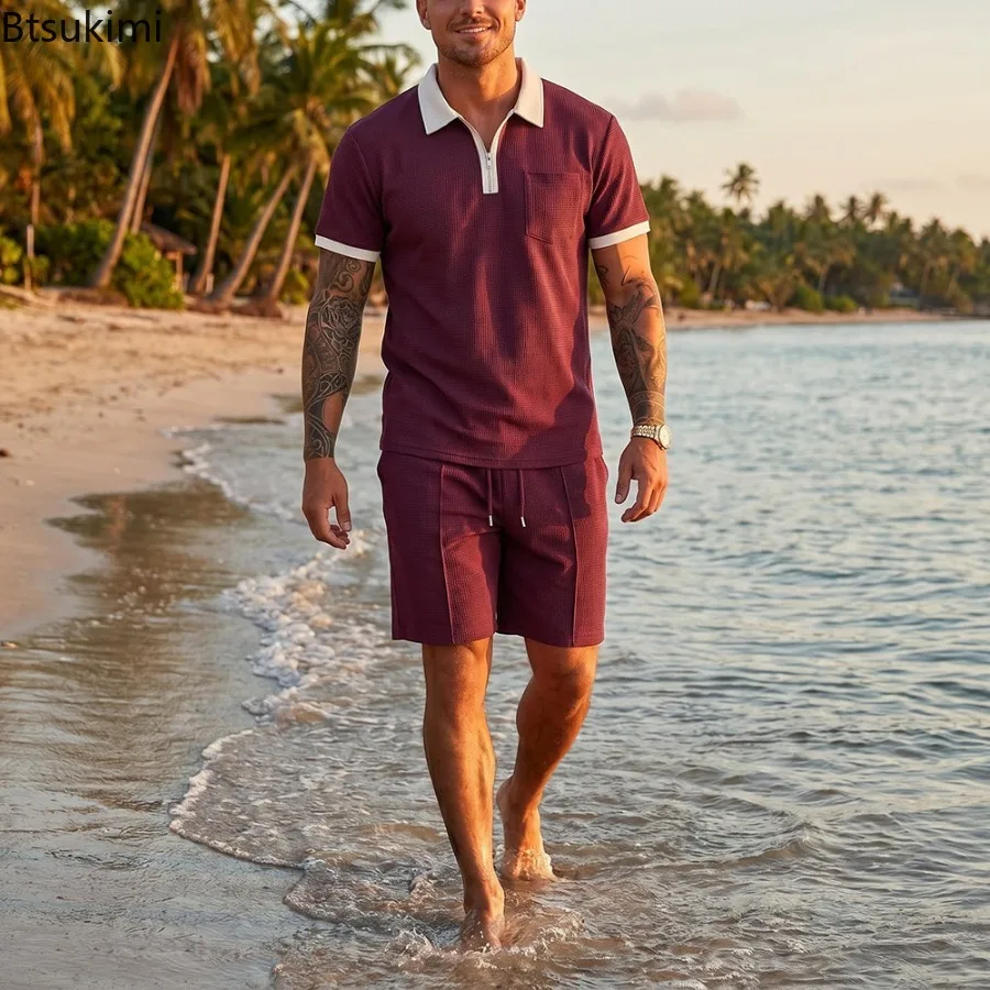 Mens Waffle Collar Polo Short Sleeved Shorts Set Beach Vacation Casual Set Summer Streetwear Daily Wear Set Fashion Men Clothing view 4