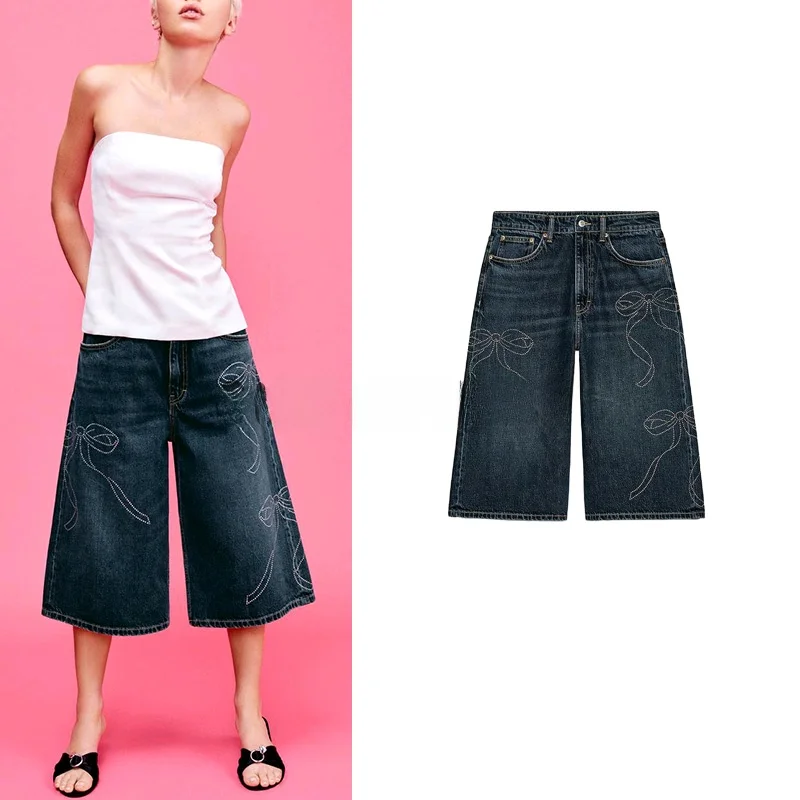 

Spring New Arrival Casual Knot Decorated Denim ort Pants Women's High Waist Wide Leg Jeans Summer Faion