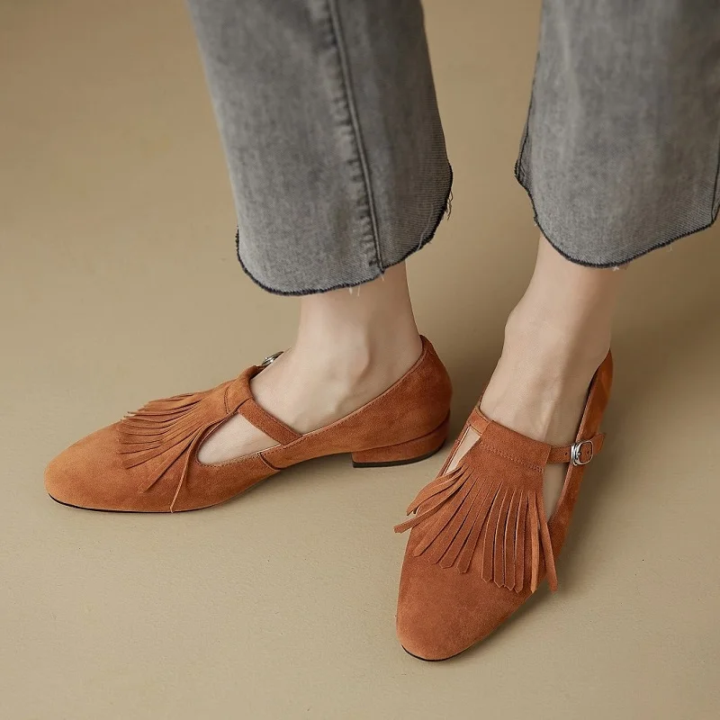 

Sheep Suede Round Toe Mary Jane Women Fringe Flats Buckle Strap Simple Flat Shoes Lady Mules Spring Autumn Women Daily Flats