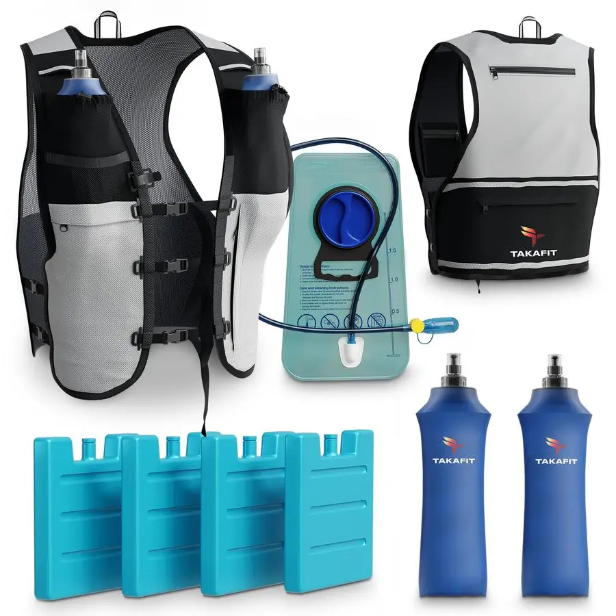 

Running Hydration Vest Men Breathable Trail Running Hydration Vest w 2 Water Bottles, Bladder Pouch, Ice Pack for Runners Reflec