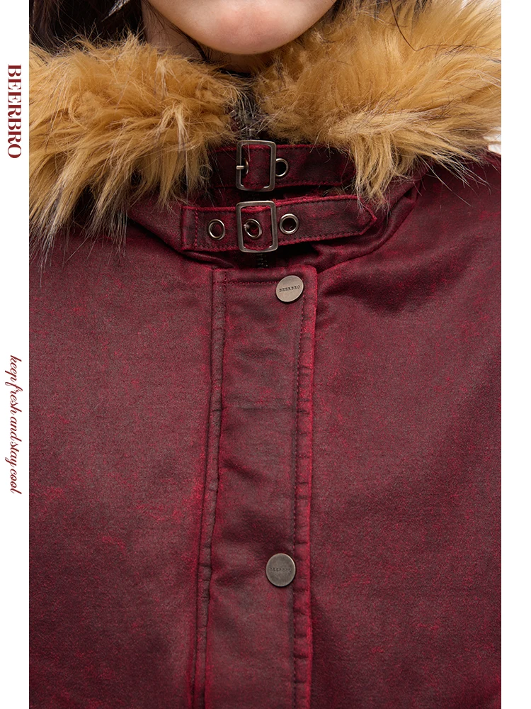 

BeerBro American Street Sle Worn Wax Feel Loose Cotton Leather Jaet Women's Autumn Winter Thi ort Fur Collar Coat