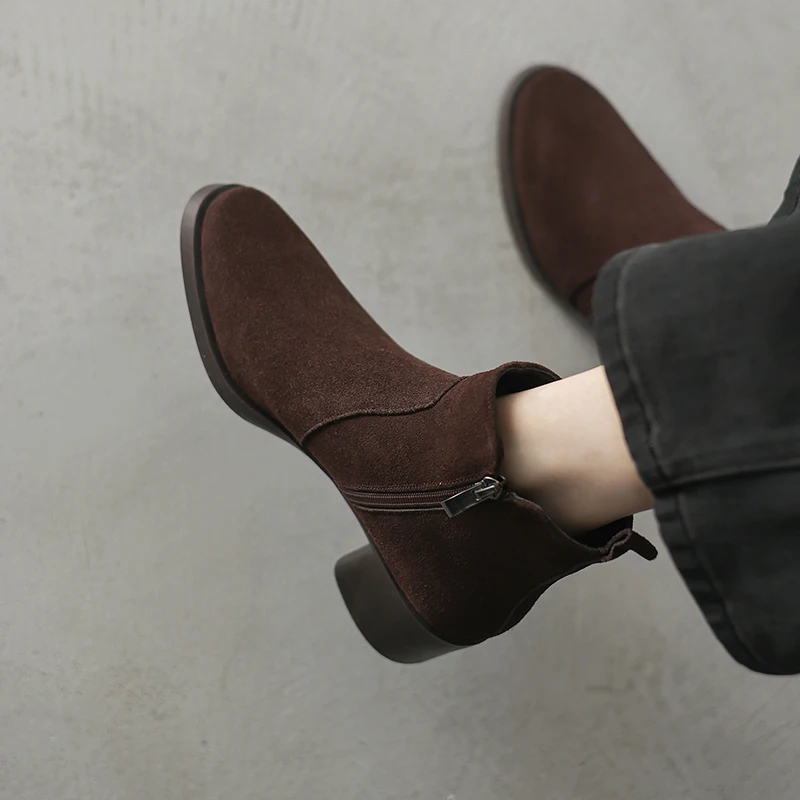 EAGSITY cow leather suede chelsea boots Women pointed toe shoes casual outdoor walking footwear modern work boots winter snow