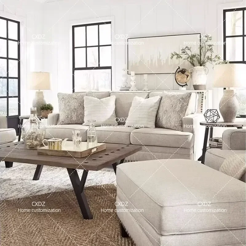 Rural Cotton Linen Fabric Living Room Sofa Small Apartment Three Seater Double Combination Leisure Indoor Sofa Customizable