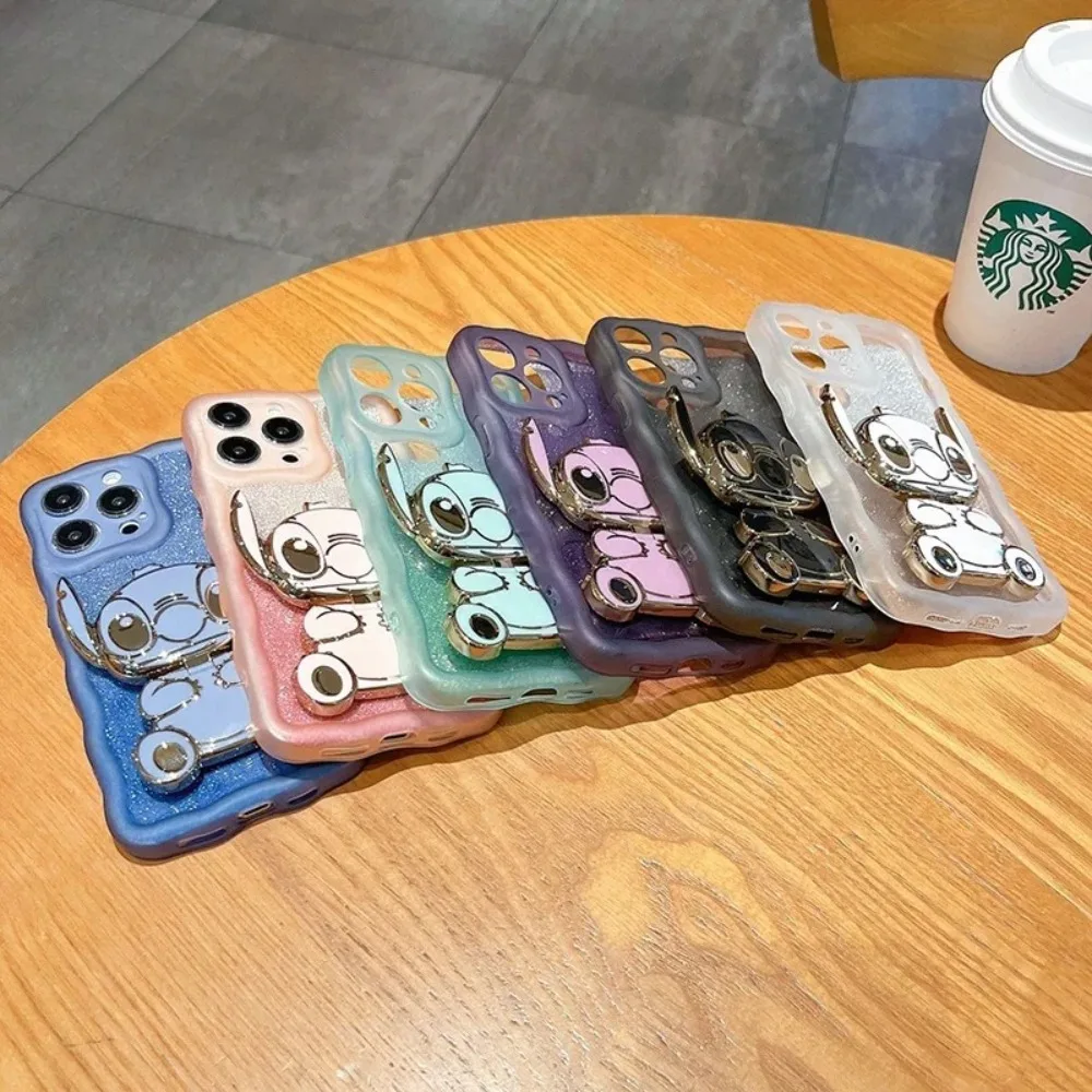 かわいいアニメステッチ電話ホルダーミラー付きリロステッチ電話バックステッカーポータブルユニバーサルブラケット装飾品女の子