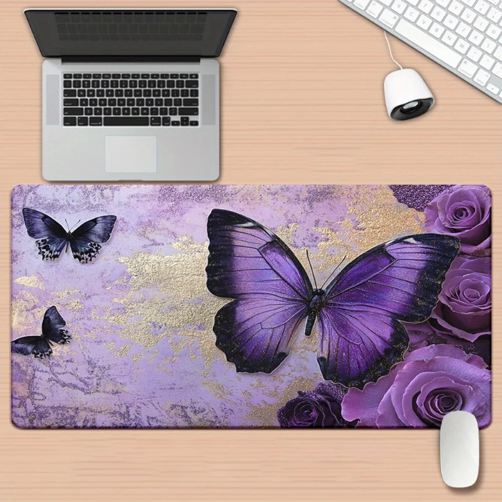 Purple Butterfly & Rose Desk Mat, Gold Foil Floral Butterfly Large Gaming Mouse Pad, Extended Keyboard Mat