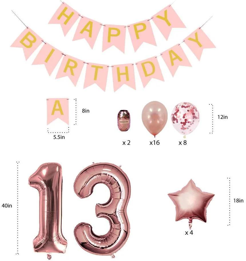 Roségoldene Dekorationen zum 13. Geburtstag, Partyzubehör – 13 Geburtstagsgeschenke für Mädchen, Banner und Luftballons zum 13. Geburtstag – Detail 2