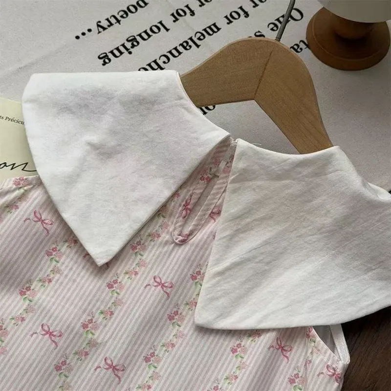 

2026 Summer Baby Girls Sleeveless Dress Korean Style Flower Embroidery Doll Collar Striped Print Cute Dress for 90-130cm