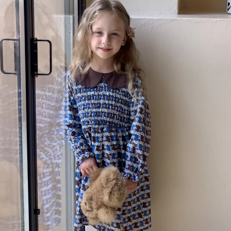 

Платье для девочек, весеннее новое стильное платье с цветочным принтом, платье принцессы, платье с кукольным воротником для маленьких девочек