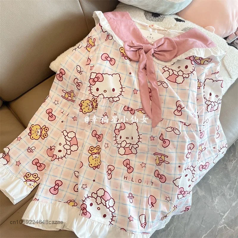 Sanrio-Pijama con estampado de Hello Kitty para mujer, conjunto de ropa de casa con pantalones de manga larga, color rosa, Kawaii, Y2k, primavera y