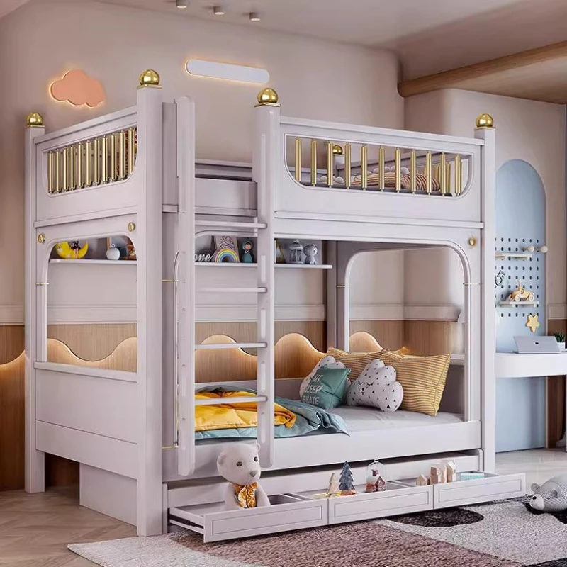 

Childrens Loft Bed Curved Play Feature Metal Frame Study Desk Underneath Bookshelves Storage Space Saving Kids Bedroom Furniture