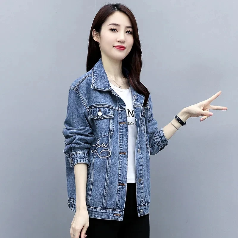 Denim Jacket Womens 2022 Spring Autumn Large Size Embroidery Retro Short Jeans Jacket Women Fashion Casual All-match  Outerwear