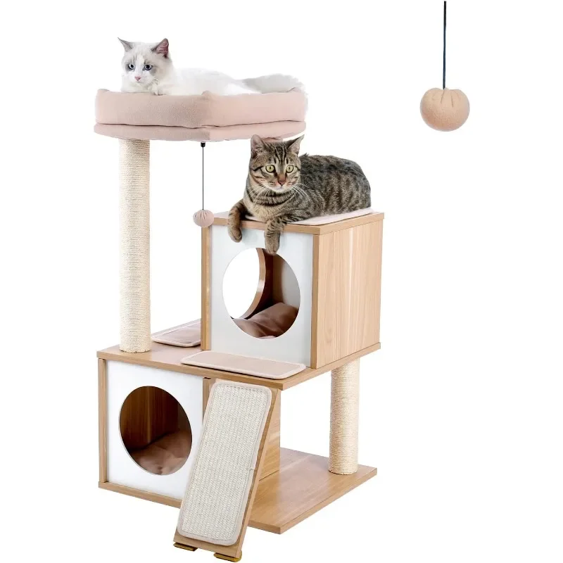 35-inch Wooden Cat Tower, Double Apartment, Spacious Perches, Fully Wrapped Scraped Sisal Posts and Replaceable Hanging Balls