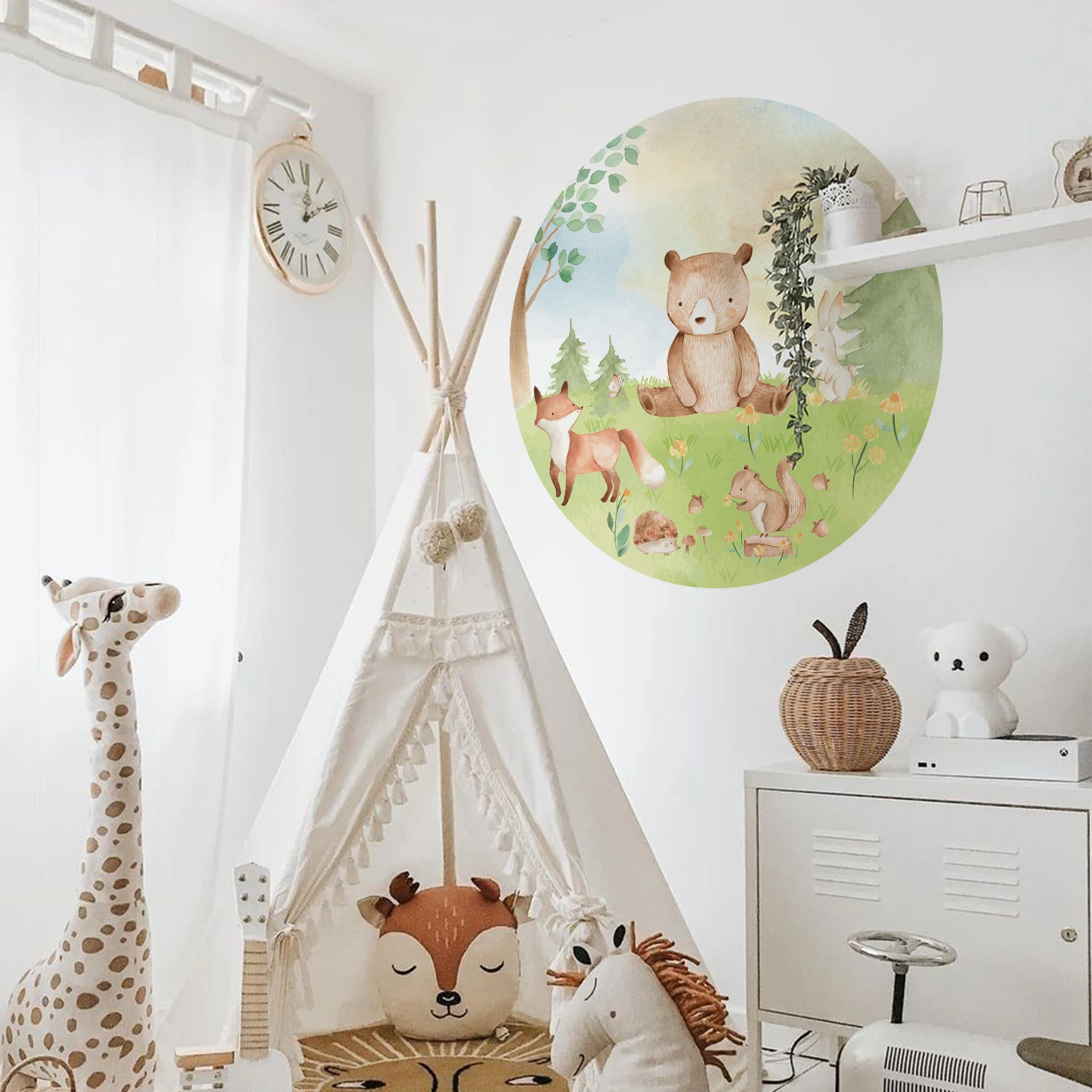 Round Woodland Animals Bear Fox Wall Stickers for Kids Rooms Nursery Wall Art Print Nordic Forest Animals Baby Bedroom Decor