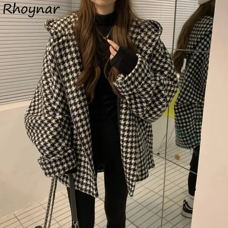 

Vintage Houndstooth Blends Women Hooded Winter Coat Baggy Chic Temper Streetwear Classic Mujer All-match Cozy Daily Korean Style