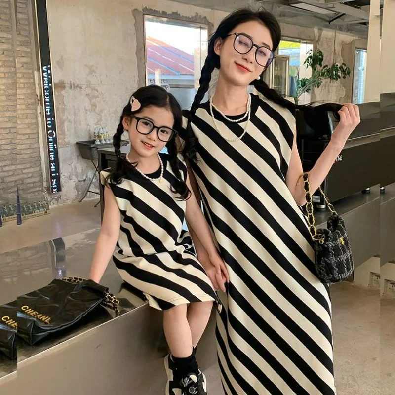 Family Matching Clothes Summer New Mother and Daughter Matching Clothes Striped Dress Korean Cute Women Baby Girl Clothes