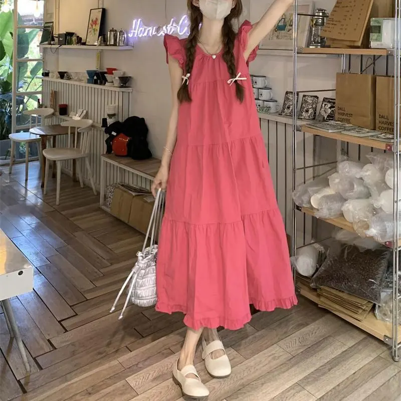 Female Clothing Sweet Flying Sleeve Midi Dress Solid Color Loose Summer Fashion Patchwork Folds Korean A-Line O-Neck Dresses New