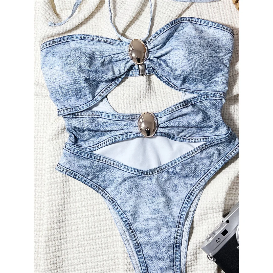 Sexy Denim-Badeanzug mit Print, Neckholder-Ausschnitt, einteilig, Damen-Bademode, hoch geschnittene Beine, gepolstert, Badeanzug, Badebekleidung, V6478 – Detail 7