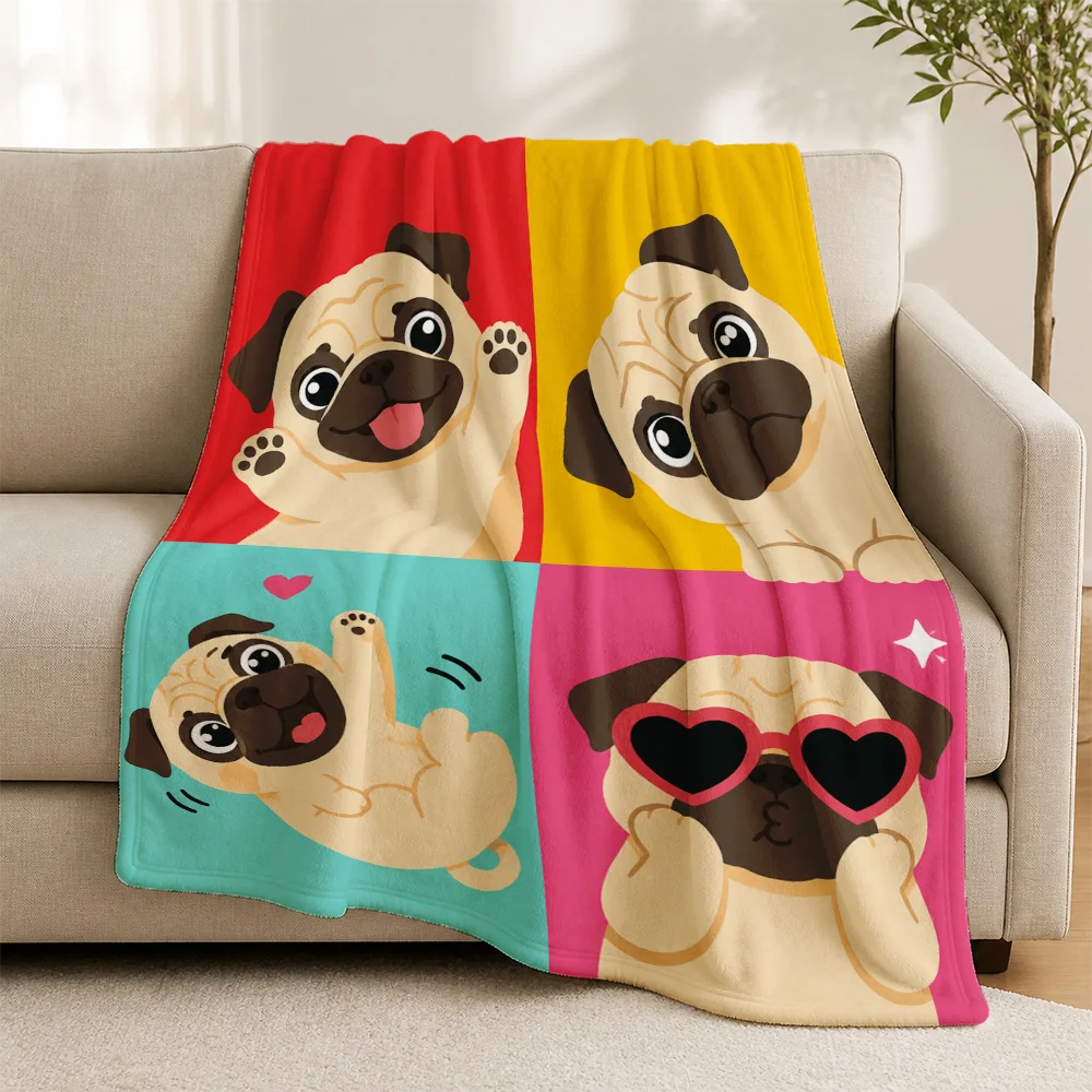 Decorative Pug Cartoon Throw Blanket Cozy Sofa Couch Throw Wrap for Living Room Home Decor Plush Fuzzy Pet Gift