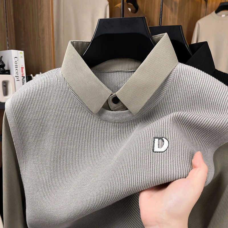 

Мужской роскошный осенний свитер с длинными рукавами, искусственный двухсекционный воротник рубашки с вышивкой, сохраняющий тепло, свитер для отдыха, модные тенденции, универсальные топы