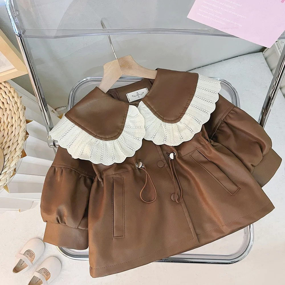 1-4T Baby\'s Solid PU Leather Jacket Baby Girls 2024 New Lace Edge Big Doll Collar Single Breasted Coat Drawstring Outerwear