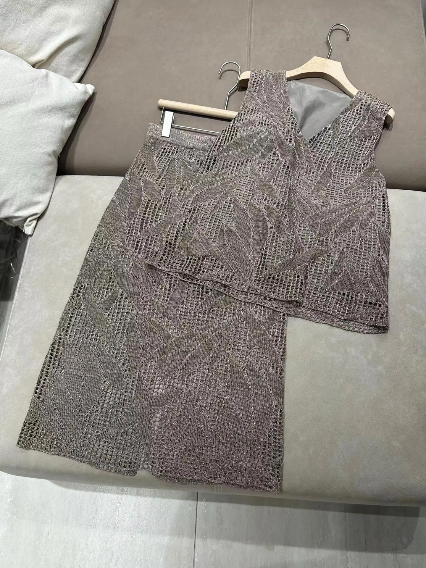 2026 Autumn/Winter New High-Quality Hollow-Out Knitted Vest + Dress + Skirt Three-Piece Set For Women